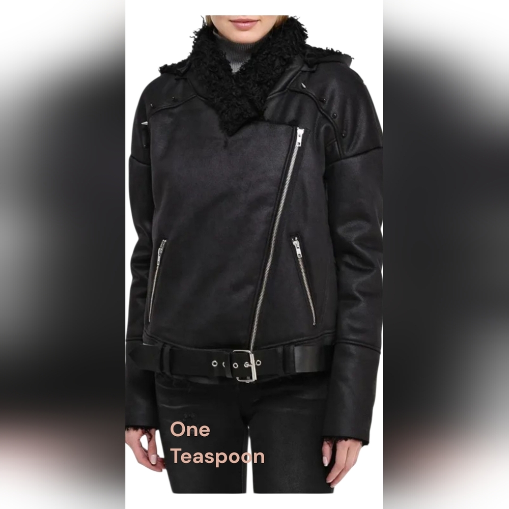 ONE TEASPOON Faux Sherling Black  Aviator Coat